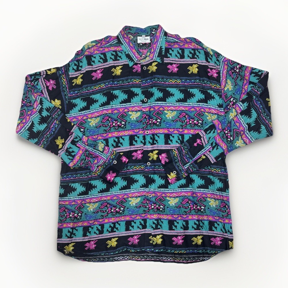 Vintage Equilibrio Italy Viscose Shirt 54 Bold Abstract  Pattern 90s Made Italy
